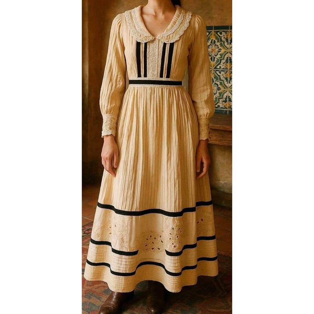 Vtg Georgia Mexican Mariposa Edwardian Prairie Lace Dress Women 10 Maxi Boho